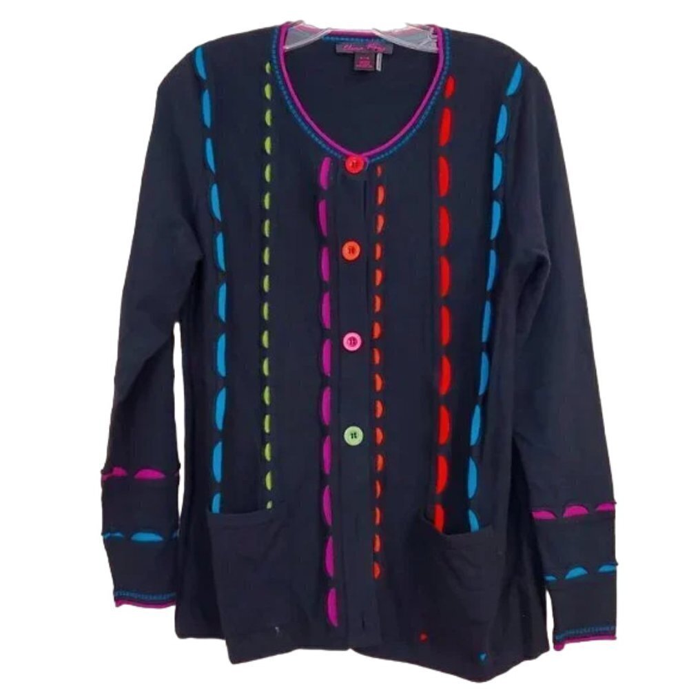 Elena Wang Soft Button Front cardigan sweater Colorful‎ Accents Sz M